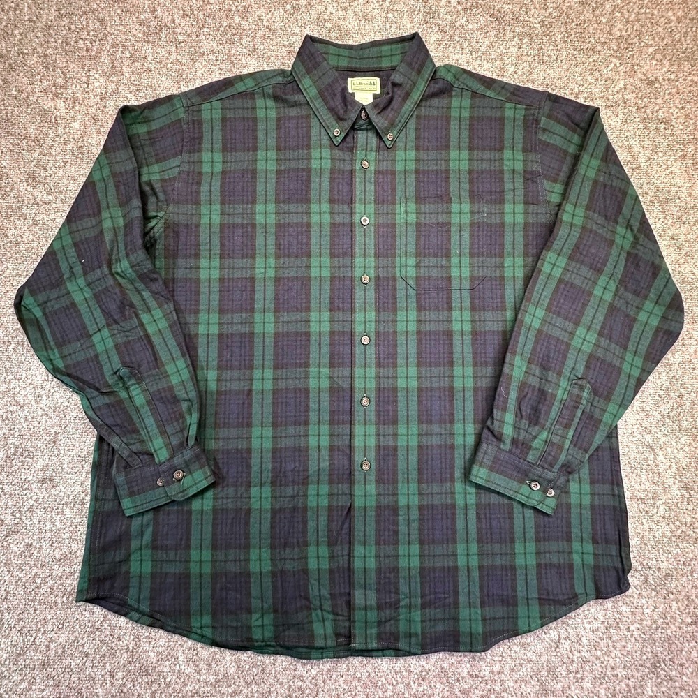 LL Bean Flannel Shirt Mens XXL Green Blue Black Watch Plaid 228061‎ Regular Fit